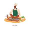 Chef cook preparing fish. Kitchen worker in hat cooking sea food, gourmet dish, meal. Culinary professional making