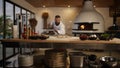 Chef cook preparing pizza in kitchen. Man taking food in restaurant stone oven. Royalty Free Stock Photo