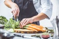 Chef prepares vegetables to cook in the restaurant kitchen Royalty Free Stock Photo