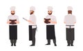 Chef, cook or restaurant worker wearing uniform and toque reading recipe or culinary book. Male cartoon character