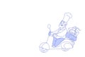 Chef Cook Riding Electric Scooter Cake Fast Delivery Concept Vintage Motorcycle Sketch Doodle Horizontal