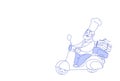 Chef cook riding electric scooter pizza fast food delivery concept vintage motorcycle sketch doodle horizontal