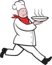 Chef cook running serving hot soup bowl