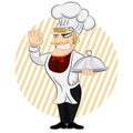 Nice Chef serving the dish. Chef Cook Serving Food. Cute cartoon character cooks in uniform and holding Restaurant Cloche. Isolate Royalty Free Stock Photo