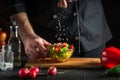 Chef or cook sprinkles salt salad of fresh vegetables on a wooden table. Preparing healthy food on the kitchen Royalty Free Stock Photo