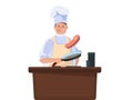 Chef cook steak on kitchen with griddle isolated illustration. Vector