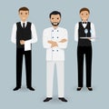 Chef cook and two waiters in uniform standing together. Restaurant people characters.