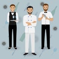 Chef cook, waitress in uniform and barman standing together on a tableware background. Restaurant people characters.