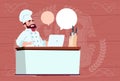 Chef Cook Working At Laptop Computer Cartoon Restaurant Chief In White Uniform Sit At Desk Over Wooden Textured