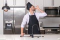 Chef cooker, baker. Male chefs with sign of perfect food. Chef man cooking, showing sign for delicious. Chef, cook Royalty Free Stock Photo