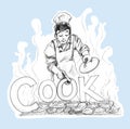 Chef cooking BBQ logo design hand drawn and pencil stroke