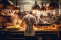 Chef cooking in a busy restaurant kitchen back view. Generative AI