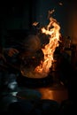 Chef cooking and doing flambe on food Royalty Free Stock Photo