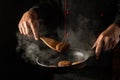 Chef cooking hamburgers. Professional cook frying beef meat on pan in kitchen. Worker cooking burgers. Kitchen employee preparing Royalty Free Stock Photo