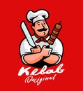 Funny Chef cooking kebab cartoon character. Arabic cuisine logo. Fast food menu emblem Royalty Free Stock Photo