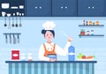 Chef Is Cooking In The Kitchen With Tray, ingredients or Different Meals. Interior Furniture And Utensils Background Landing Page Royalty Free Stock Photo