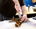 Cooking Lobster, chef cutting lobster, Hands of a chef cutting a fresh lobster