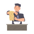 Chef Cooking Noodles, Food Express Delivery Service Cartoon Style Vector Illustration