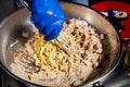 Chef cooking pasta with mussels in pan. Italian style cuisine. Restaurant. Royalty Free Stock Photo