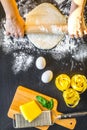 Chef cooking pasta top view on dark background Royalty Free Stock Photo