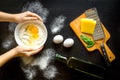 Chef cooking pasta top view on dark background Royalty Free Stock Photo