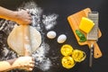 Chef cooking pasta top view on dark background Royalty Free Stock Photo