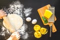 Chef cooking pasta top view on dark background Royalty Free Stock Photo