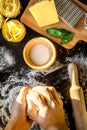 Chef cooking pasta top view on dark background Royalty Free Stock Photo