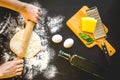 Chef cooking pasta top view on dark background Royalty Free Stock Photo