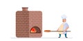 Chef cooking pizza in big bake. Vector illustrations in cartoon style