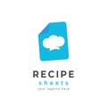 Chef cooking recipe sheet logo icon vector with blue sheet and chef hat symbol illustration