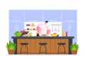 Chef cooking in restaurant kitchen flat vector illustration. Male character professionally slices an exotic vegetable