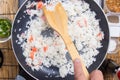 Chef cooking rice in pan Royalty Free Stock Photo