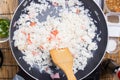 Chef cooking rice in pan Royalty Free Stock Photo