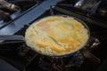 The chef is cooking and stirring the omelette. Unrecognizable hands taking out fresh omelet from frying pan. Cooking Royalty Free Stock Photo