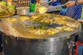 Chef Cooking Thailand Local street Food `hoi tod` or Crispy Mussel and Beansprout Pancake Royalty Free Stock Photo