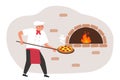 chef cooking traditional pizza in stone oven with fire vector