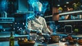 Chef cooking using futuristic virtual reality technologies in modern kitchen Royalty Free Stock Photo