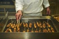 Chef cooks skewer of turkey or chicken meat shish kebab