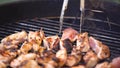 Chef cooks skewer of turkey or chicken meat shish kebab on the barbecue. Cooking small pieces of grilled chicken