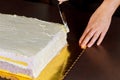 Chef cover with icing festive cake. Making layer sponge cake Royalty Free Stock Photo