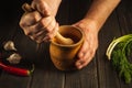 Chef crushing a blending red pepper in a wooden pestle and mortar. Cooking a national dish. Close-up of a cook hands while working