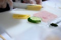 chef cut egg for making chilled cold somen noodle. japanese food