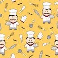 Chef cute cartoon character seamless pattern on yellow background, chef with mustache and kitchen utensils