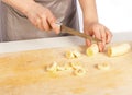 Chef cuts a banana Royalty Free Stock Photo