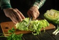 The chef cuts fresh cabbage with a knife on a kitchen cutting board before preparing a vegetarian dish. Peasant cuisine. Sliced Royalty Free Stock Photo