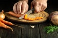 Chef cuts fresh carot on a wooden cutting board. Close-up of cook hands while preparing vegetarian food. Copy space