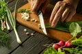 The chef cuts the onion with a knife on the kitchen cutting board. Vegetarian products or fresh vegetables on the kitchen table Royalty Free Stock Photo