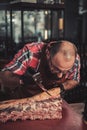 Chef cutting beef carcass in a restaurant Royalty Free Stock Photo