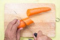 Chef cutting carrot on a wooden board Royalty Free Stock Photo